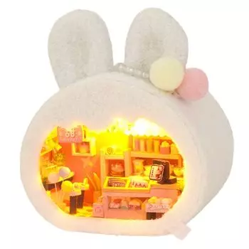 moin moin Кукольный домик Миниатюрный набор для ручной работы Набор пушистых животных Мордочка домика Кролика Белый Кафе Кондитерская для начинающих Изготовление помпонов размером с ладонь Интерьерный светодиод