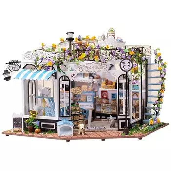 moin moin Кукольный домик Миниатюрный набор для ручной работы Набор для зоомагазина с множеством цветов Кошка Собака Животное Цветок Подсолнух Светодиодная подсветка Акриловый чехол Фигурка животного