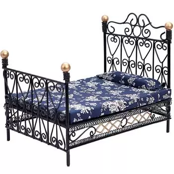 moin moin Miniature Furniture Dollhouse Bed Frame Pillow Gothic Black Gold Floral Pattern Blue Navy Flower Antique Retro 2311mini35 1/12 112 (Futon &