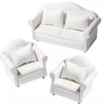 moin moin Миниатюрная мебель, диван, набор из 3 предметов, B, двухместная, одноместная, с одной подушкой, белая ткань, кукла 2212mini7 1/12, предмет/кукольный домик