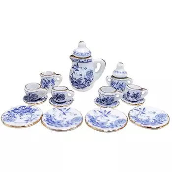 moin moin миниатюрный кукольный домик столовая посуда набор из 15 предметов керамические принадлежности украшения интерьер цветок синий синий столовые приборы горшок чашка для чая кукла кукла золотая