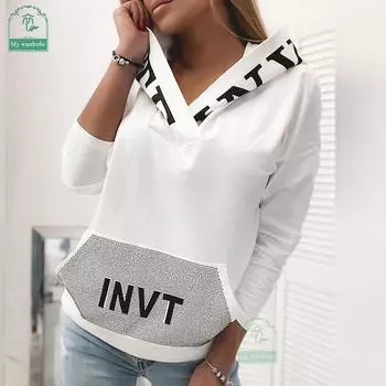 Мой гардероб, элегантная женская блузка с буквенным принтом, рубашка, повседневный пуловер с длинными рукавами, топы, женский воротник с капюшоном L белый