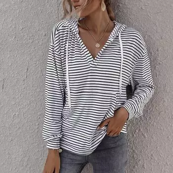 Мой гардероб, полосатый топ, женский модный свободный свитер с капюшоном и карманами на шнурке S белый