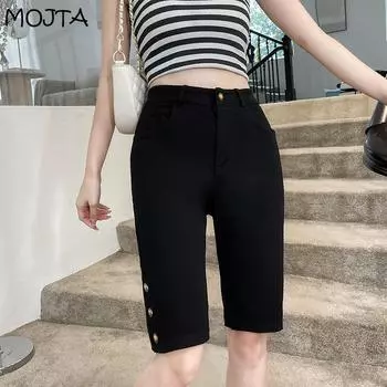 MOJTA Большие размеры Шорты женские летние хлопковые свободные тонкие брюки с высокой талией Брюки с пятью точками M чёрный