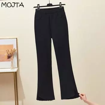 MOJTA Большие размеры Свободные прямые повседневные брюки с высокой талией универсальные укороченные брюки с разрезом M чёрный
