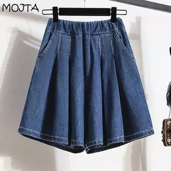 MOJTA Джинсовые брюки с пятью точками, женские свободные шорты больших размеров для похудения с высокой талией и широкими штанинами