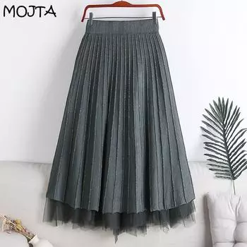 MOJTA Юбка средней длины, весенне-летняя женская тонкая эластичная юбка с высокой талией, длинная юбка трапециевидной формы