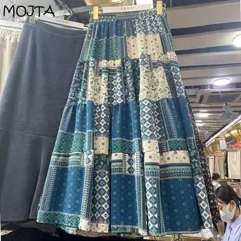 MOJTA Юбка средней длины, весенне-летняя женская эластичная юбка с высокой талией и контрастным цветочным принтом, длинная юбка трапециевидной формы One Size зелёный