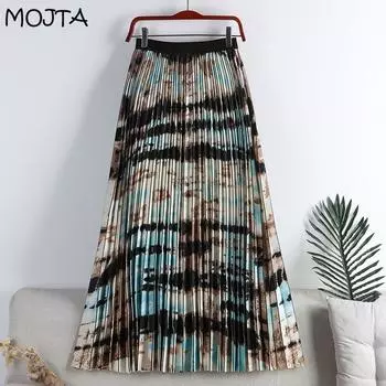 MOJTA Юбка средней длины, весенне-летняя женская плиссированная юбка-маятник с высокой талией и принтом, длинная юбка трапециевидной формы