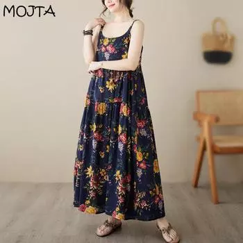 MOJTA Летнее женское свободное свободное тонкое платье большого размера с короткими рукавами и принтом, длинная юбка one size