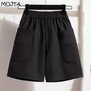 MOJTA летние короткие женские свободные брюки больших размеров с широкими штанинами и высокой талией, повседневные шорты, брюки-четверти S чёрный