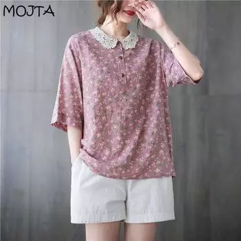 MOJTA Летний хлопковый топ в стиле ретро с цветочным принтом, шелковая блузка, повседневная свободная футболка one size зелёный