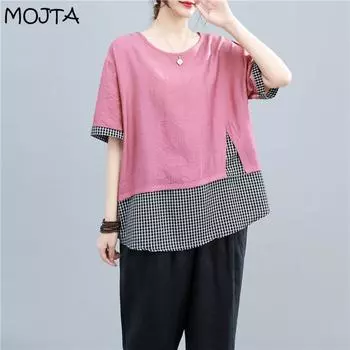 MOJTA Летняя хлопковая блузка в сетку больших размеров, свободная универсальная женская футболка с вышивкой one size чёрный