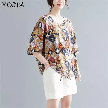 MOJTA Летняя хлопковая рубашка с v-образным вырезом и шнурком больших размеров, женская блузка