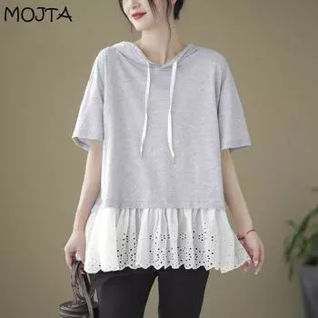 MOJTA летняя повседневная однотонная куртка с капюшоном и короткими рукавами на крючках с цветочной вышивкой one size чёрный