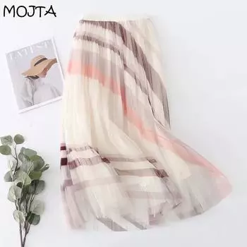MOJTA Летняя прозрачная сетчатая плиссированная юбка с высокой талией, средней длины, полудлинная юбка One Size розовый