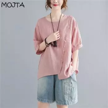 MOJTA Летняя свободная однотонная блузка большого размера с короткими рукавами и пуговицами, женский топ one size белый