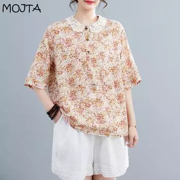 MOJTA Летняя женская блузка больших размеров с цветочным принтом, маленькая рубашка one size серый