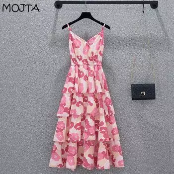 MOJTA Летняя женская пляжная юбка с v-образным вырезом без рукавов, женское платье трапециевидной формы с цветочным принтом, длинная юбка