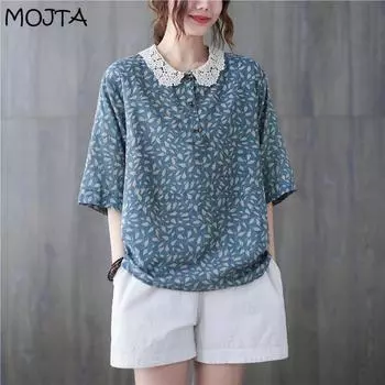 MOJTA Летняя женская рубашка больших размеров с принтом, тонкая свободная футболка с короткими рукавами one size темно-коричневого