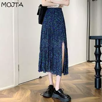 MOJTA летняя женская юбка трапециевидной формы средней длины с высокой талией, свободная повседневная шифоновая юбка больших размеров с разрезом