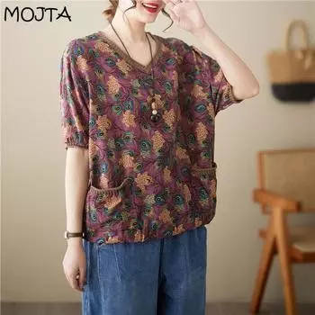 MOJTA летняя женская вязаная блузка с v-образным вырезом и короткими рукавами с принтом, тонкая хлопковая футболка большого размера one size жёлтый