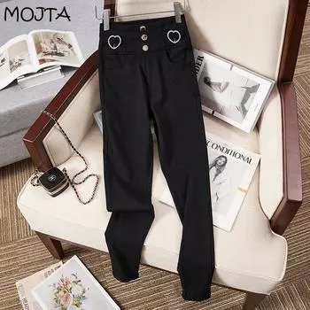 MOJTA осенние тонкие прямые повседневные брюки с высокой талией больших размеров с украшением, эластичные узкие брюки