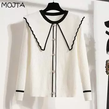 MOJTA Плюс размер Блузка с длинными рукавами Кардиган на пуговицах с круглым вырезом Вязаный свитер Свободный топ L белый