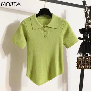 MOJTA плюс размер ледяной шелк футболка с короткими рукавами женская вязаная блузка нижняя рубашка свободная тонкая
