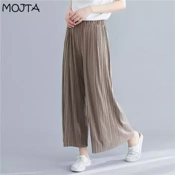 MOJTA прямые плиссированные тонкие широкие летние свободные повседневные льняные драпированные брюки с высокой талией и девятью точками