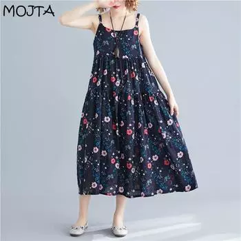 MOJTA Тонкое платье на подтяжках с цветочным принтом Свободная хлопковая женская длинная юбка большого размера one size