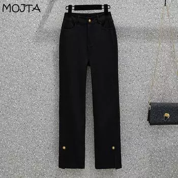 MOJTA Весна Лето Большие размеры Свободные прямые повседневные брюки с высокой талией Простые укороченные брюки с разрезом M чёрный