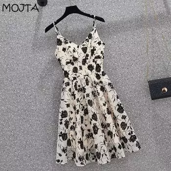 MOJTA весенне-летнее женское тонкое милое женское платье трапециевидной формы с цветочным принтом без рукавов