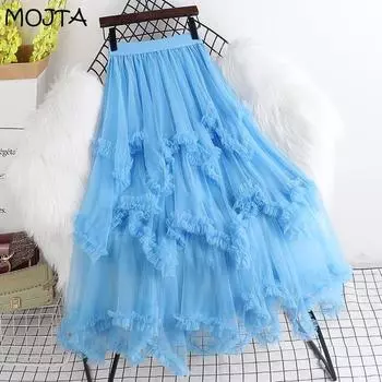 MOJTA весенне-осенняя женская пышная юбка из сетки с завышенной талией, юбка средней длины one size синий