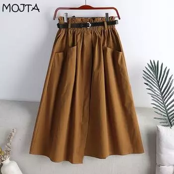 MOJTA весна-лето однотонная женская универсальная простая повседневная утягивающая юбка с большими карманами one size кофейный