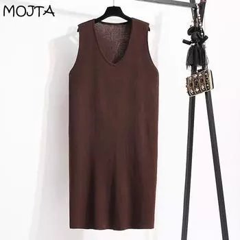 MOJTA вязаный жилет-юбка женское платье больших размеров без рукавов на подтяжках с квадратным воротником эластичное свободное платье