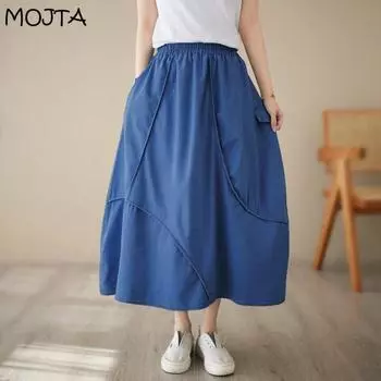 MOJTA Женская однотонная универсальная хлопковая джинсовая юбка средней длины со свободной строчкой в стиле ретро one size темно-синий