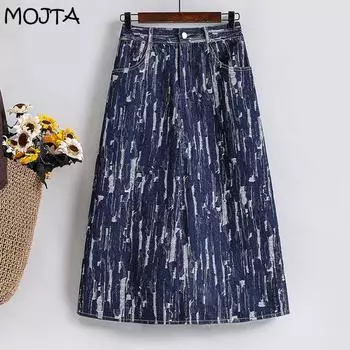 MOJTA женская повседневная свободная юбка трапециевидной формы с половиной высоты на талии средней длины больших размеров