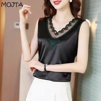 MOJTA женская свободная шелковая блузка без рукавов больших размеров с v-образным вырезом, тонкая M