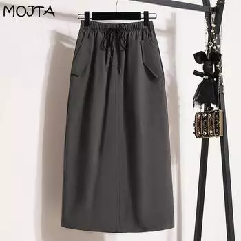 MOJTA женская свободная юбка среднего размера больших размеров, летняя повседневная хлопковая юбка с высокой талией на шнурке и карманами