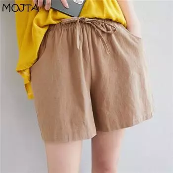 MOJTA женские летние свободные шорты из хлопка и льна, повседневные широкие шорты на шнуровке