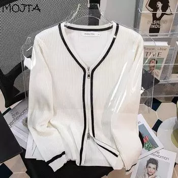 MOJTA женский свободный повседневный летний кардиган больших размеров с v-образным вырезом и молнией, топ с длинными рукавами