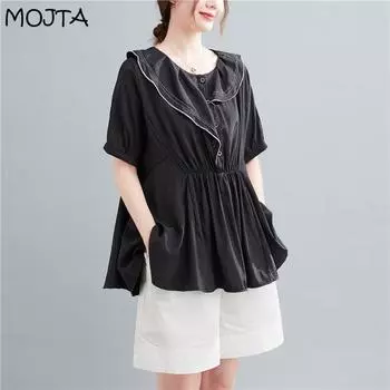 MOJTA Женский топ с круглым вырезом, свободная полосатая футболка с пуговицами, рубашка с короткими рукавами one size чёрный