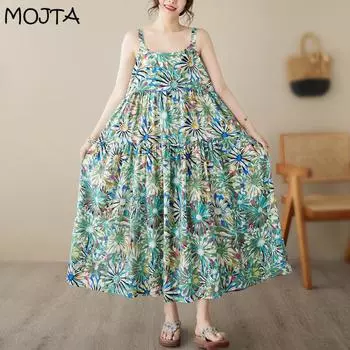 MOJTA женское маленькое свежее простое платье на подтяжках с цветочным принтом свободная хлопковая длинная юбка большого размера one size