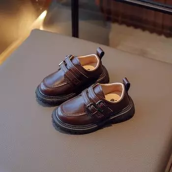 Мокасины для мальчиков, британский стиль 2024, детские коричневые туфли с двойной пряжкой и круглым носком, модная детская кожаная обувь для девочек, школьная обувь 21 чёрный