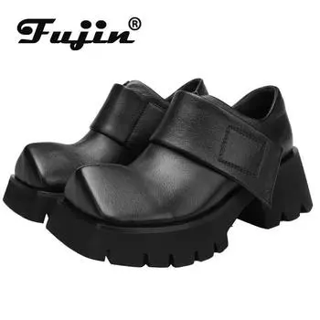 Мокасины Fujin 5,5 см, осенне-весенние туфли-лодочки, женская модная обувь, натуральная коровья кожа, высокие каблуки, этническая платформа на танкетке с крючками 34 чёрный