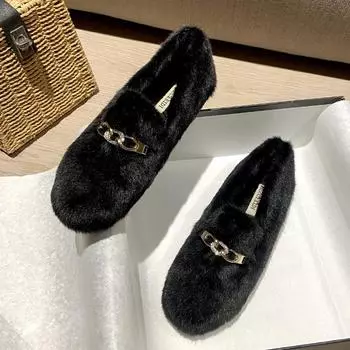 Мокасины из меха норки с металлическими цепями женские противоскользящие резиновые зимние хлопковые туфли 35-43 больших размеров на плоской подошве из меха кролика женские мохнатые мокасины 5 хаки