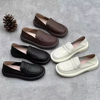 Мокасины из натуральной кожи, одинарные туфли в стиле ретро с круглым носком, мягкая кожа, мягкая подошва, плоский каблук, повседневные туфли из коровьей кожи 35 кофейный