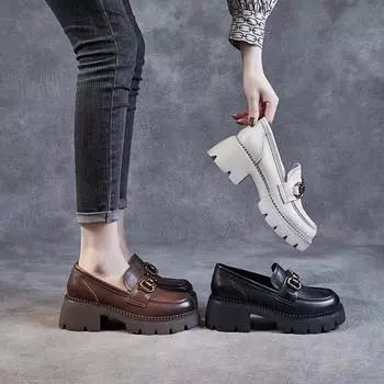 Мокасины из натуральной кожи, одинарные туфли, увеличенная высота, толстая подошва, маленькие кожаные туфли 34 чёрный