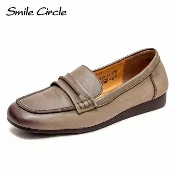 Мокасины из натуральной кожи. Женская обувь. Модная повседневная обувь с низким берцем. Удобная женская обувь на плоской подошве в стиле ретро. 35 серый